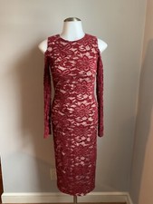 Women’s Alice + Olivia Burgundy Nude Lace MIDI Dress Cold Shoulder Long Sleeve 0