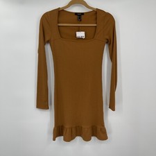 Forever 21 Womens Dress Small Stretch Brown Ruffle Casual Ribbed Knit Pullover