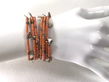 Pearlized Orange Multi-Charms Beaded Wire Wrap Bracelet Boho Jewelry Estate