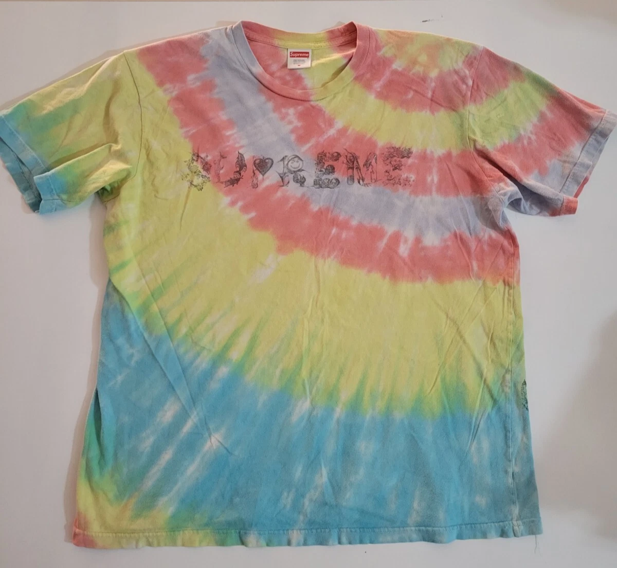 Chemise Supreme Morph homme moyen tie dye logo SS20 multicolore arc en ciel pré rétréci