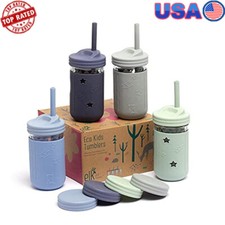 4 Pack Kids Glass Jars Silicone Sleeves Straws Spill Proof 12 Oz Bright Colorful