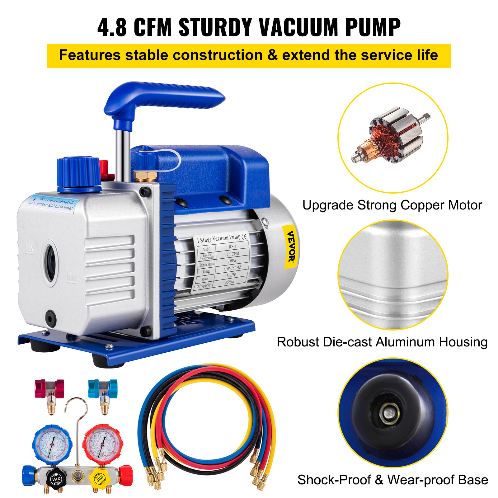 Pompe à vide CVC VEVOR 136 L/min pour charger et purger les climatiseurs résidentiels - 3