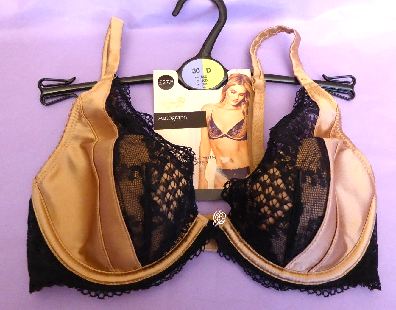 New! M&S Rosie Marks & Spencer 30D gold silk/lace padded high apex plunge bra
