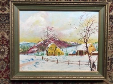 Vintage 1965 Primitive Grandma Moses Style winter oil painting by L Doucette