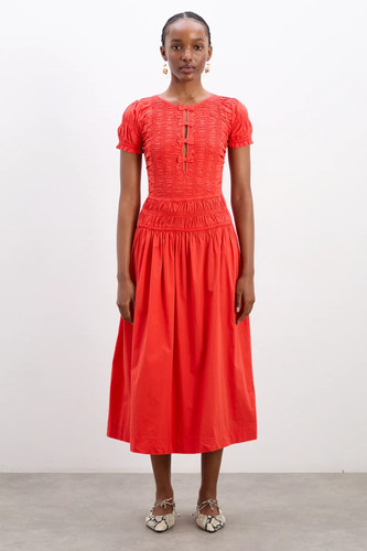 Damson Madder Saffy Midi Dress Red Alert S UK 10 Women Cotton Smocked NEW 46245