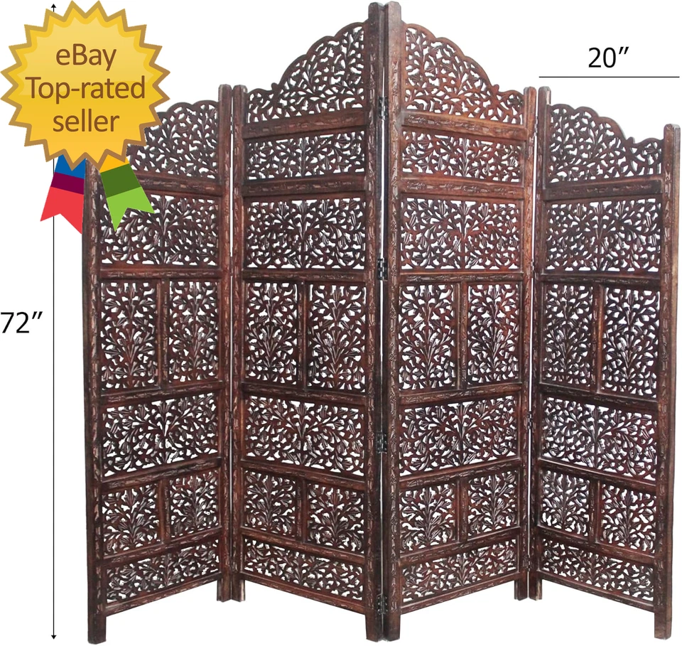 Separador de habitaciones pantalla de madera Mahanadi marrón antiguo 4 paneles plegable 72X80 Foto 2 de 4