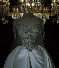 Mermaid Wedding Dresses Crystal Beaded High Neck Satin with Detachable Train