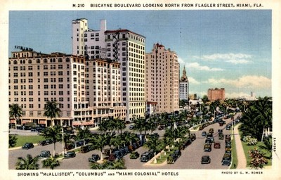 Miami, Florida - Biscayne Blvd. from Flagler St. in 1940s Postcard