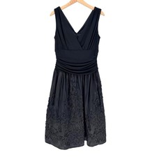 Jessica Howard Evenings Dress 14 Black V-Neck Ruched Rosette Applique Cocktail