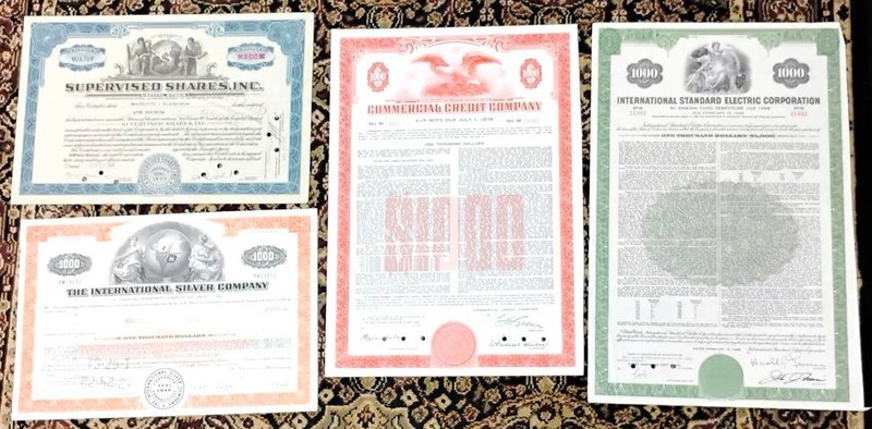 Lot 2647: 4 FINE VINTAGE BUSINESS DOCS: Stock, Bonds, Notes- 1934-1960-1968-1972