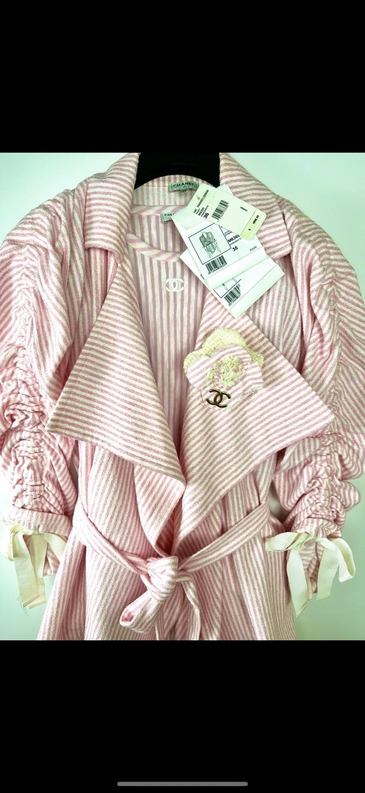 Giacca tweed Chanel 2019 La Pausa rosa bianco 34 36 38 40 2 4 6 8 cappotto cintura S M