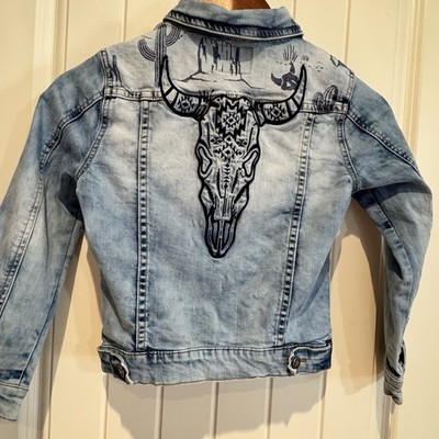 Desigual Girls 7/8 Western Denim Jacket Bull Skull Embroidered Rodeo