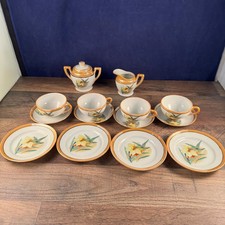 Unmarked Lusterware Tea Set 15pc Sugar Creamer Cup Plate Hummingbird Floral Gold