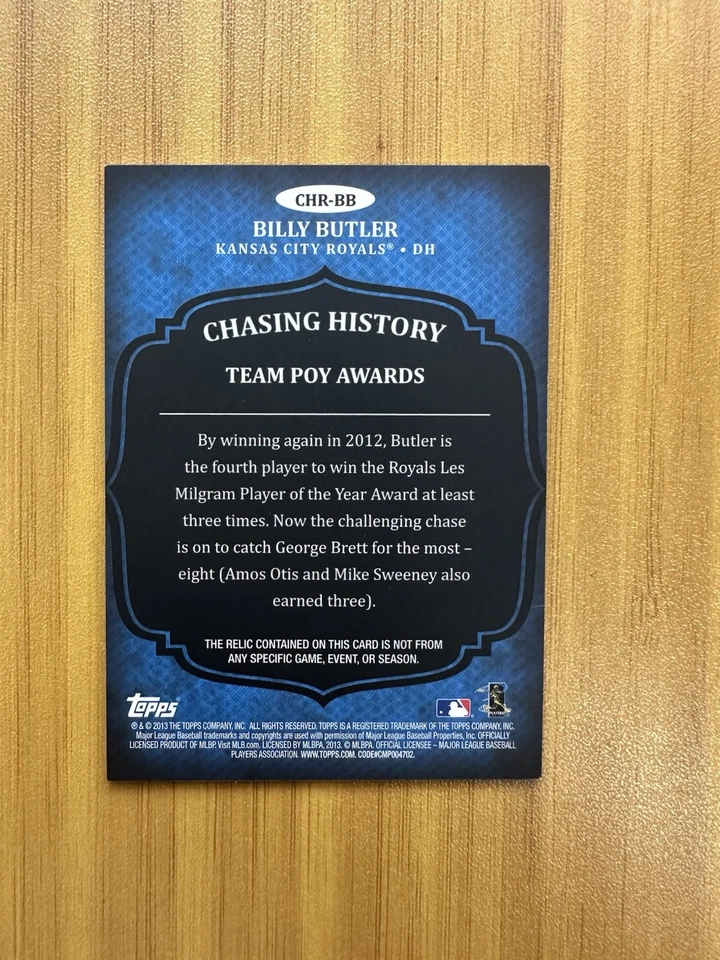 2013 Topps Chasing History #CHR-BB Billy Butler Relic Card AR50 - Image 2 of 2