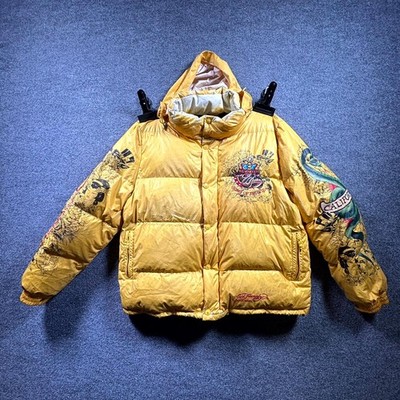 Vintage Ed Hardy Puffer Jacket Men's 2XL Yellow Skull Graphic Y2K THRASHED