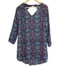 Lush Black Floral Print V Neck Cutout Back Long Sleeve Shift Dress Boho Womens