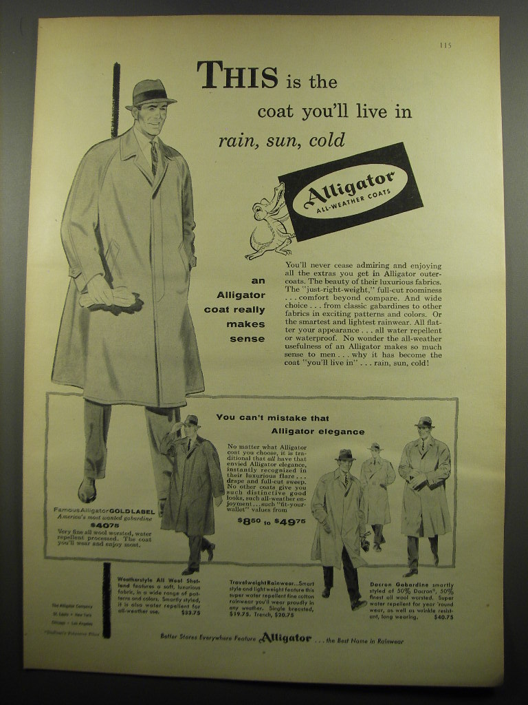 1955 Alligator Coats Ad - This is the coat you'll live in rain, sun ...