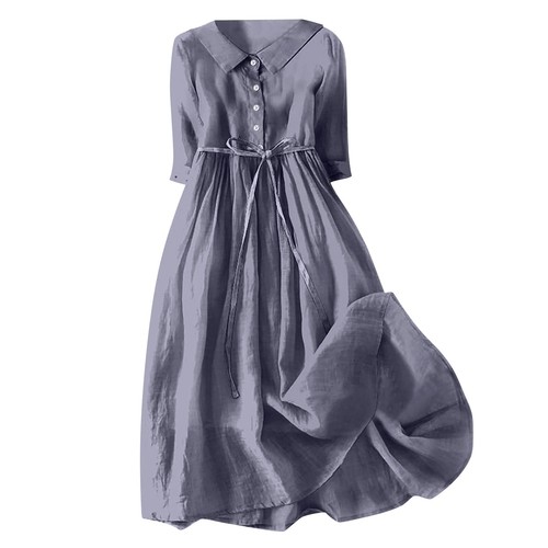 Damen fest Plissee gebunden Kleid Sommer Revers Knopf Baumwolle lang Freizeitkleid - Bild 26 von 42