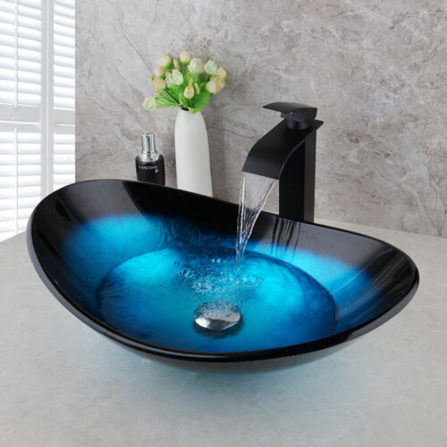 Tempered Glass Bathroom Vessel Sinks Blue Oval Basin Bowl Combo Black Tap Drain - Afbeelding 1 van 8