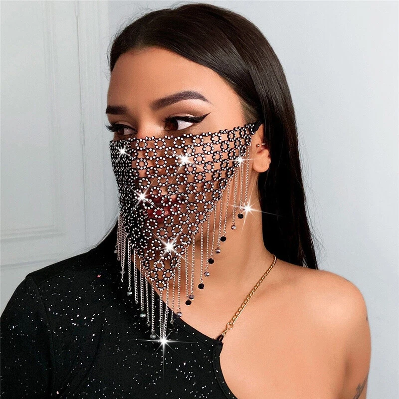 Women Hollow Out Bling Rhinestone Face Veil Mask Tassel Fringe Trim Party Club - Image 3 of 4