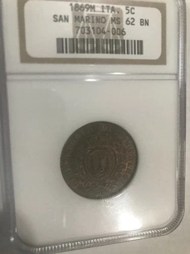 1869 San Marino  5 Centesimi  NGC MS 62