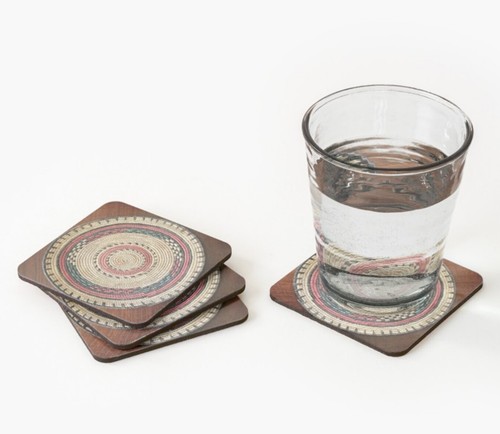 African Art ~ Exclusive HAUSA BASKET DESIGN ~ Set of 4 COASTERS w/Cork Backing - Picture 2 of 4