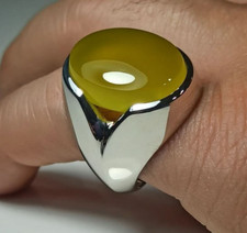 Natural Yemeni Yellow Agate 925 Sterling Silver Ring, Real Yellow Aqeeq Men Ring