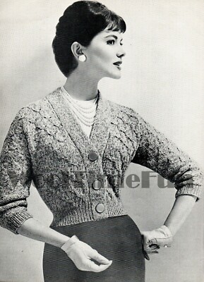 Strickmuster Vintage 50er Jahre Damen Strickjacke/Jacke. V-Ausschnitt Kabel Design.