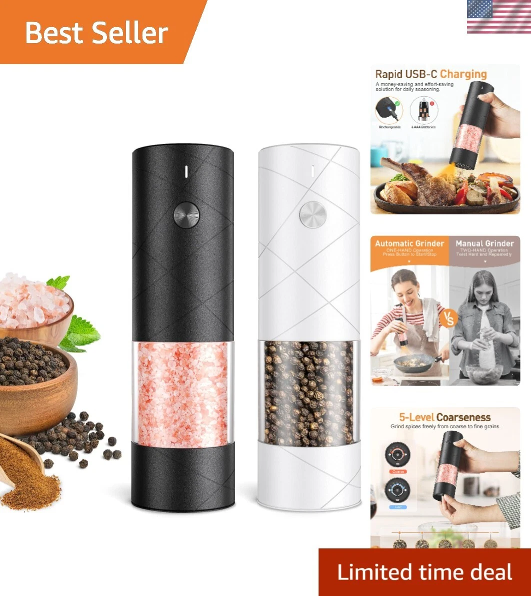 Modern Rechargeable Salt and Pepper Grinders with Adjustable Coarseness - 2 Pack