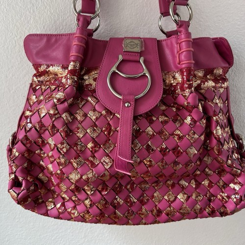 Sharif Hot Pink Gold Embossed Woven Leather Tote Bag Large Purse - Picture 2 of 11
