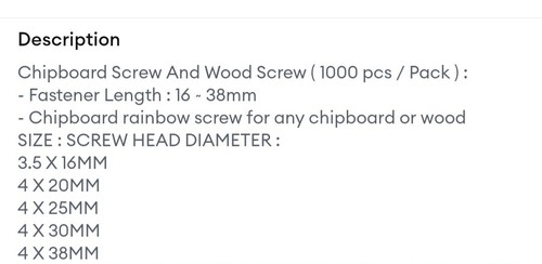 Chipboard Screw And Wood Screw ( 1000 pcs / Pack ) : 16~38mm - Picture 8 of 12