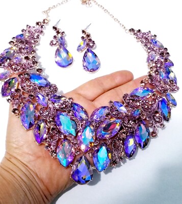 Purple AB Crystal Choker Rhinestone Necklace Earring Set Bridal Prom Pageant