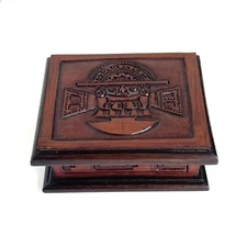 Engraved Wood Jewelry Trinket Box Peruvian Inca God of Creation With Mirror 5.5