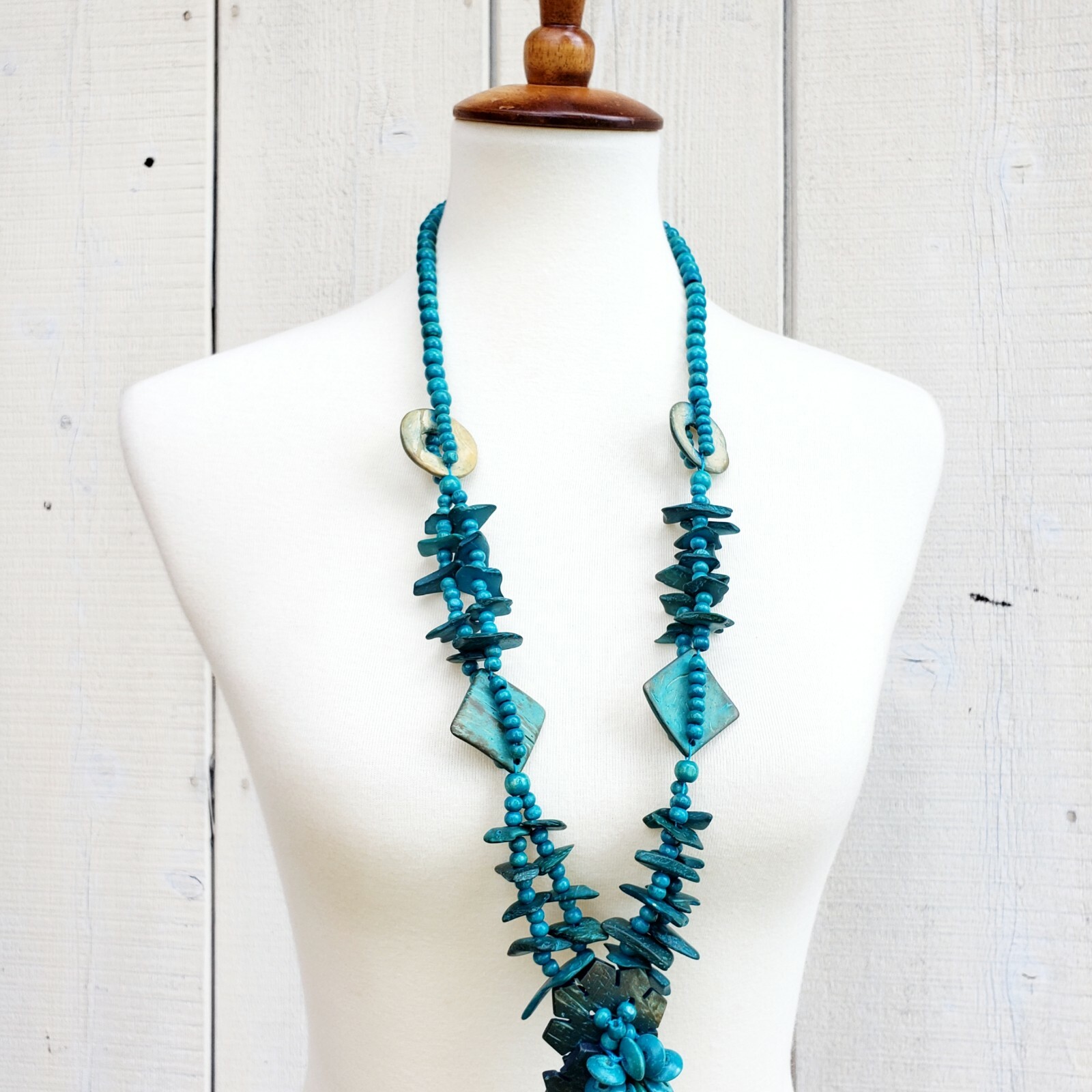 Vintage Statement Coconut Shell Blue Bead Boho Be… - image 4