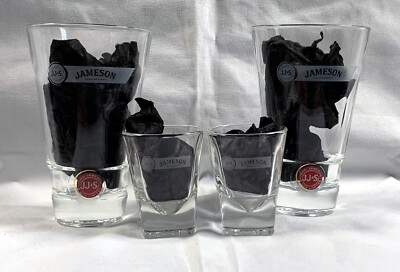 2 Jameson Irish Whiskey Cocktail Glasses 10 oz + 2 Shot Glasses Embossed Base 