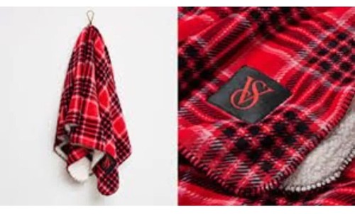 VICTORIA'S SECRET Cozy Soft Sherpa Blanket in Red Black Plaid 50x60 NEW - Picture 5 of 6