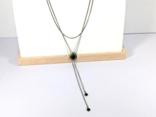 Vtg Art Deco Style Black Onyx Pendant Lariat Necklace Y-Drop Layer Multi Strand