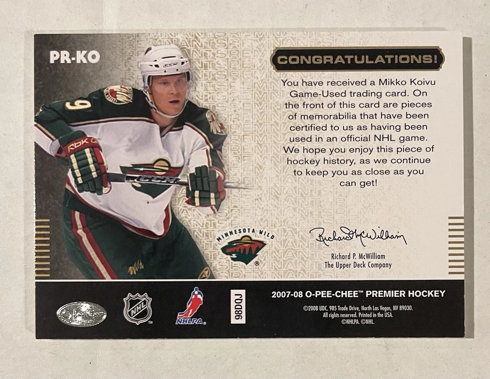 2007/08 Mikko Koivu O-Pee-Chee Remnants 3 Color Patch  - Image 2 of 2