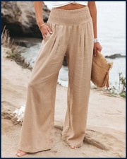 Women's casual pants with drawstring, mid waist, beach wide leg, spring and