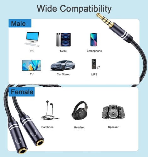 2 PCS 3.5mm Headphone Splitter, 36cm/14 inch Hi-Fi Sounds Extension Cable Aud... - Picture 3 of 7