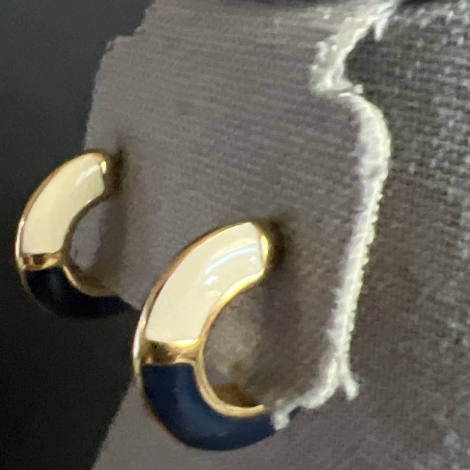 Vintage Monet Enamel Earrings Blue Cream Hoops Gold Tone Accents Post Earrings - Image 2 of 4
