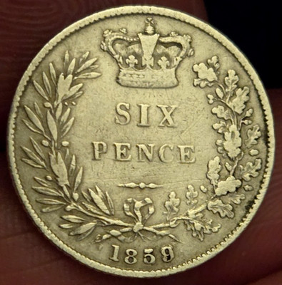 1859/8  Great Britain Queen Victoria Sterling Silver Sixpence.  9 over 8