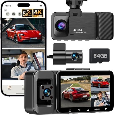 4K Dash Cam Front and Rear Inside, 3-Channel Cars Camera Dash with 170° Wide ...
