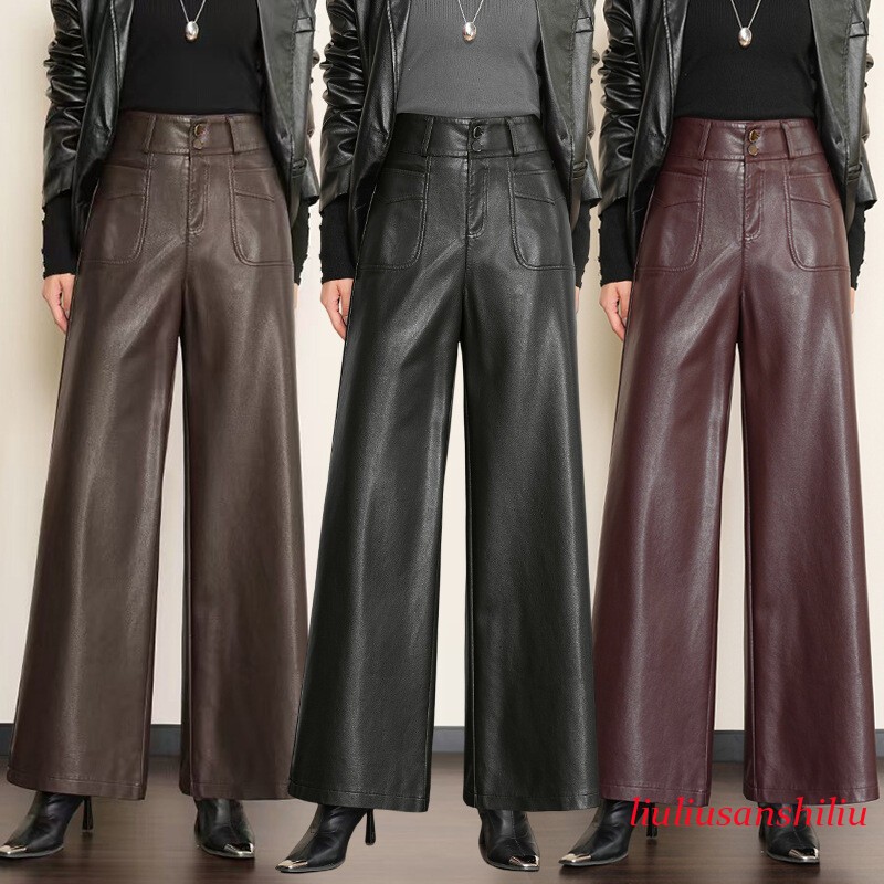 High Waist Womens Real Leather Wide Leg Long Trousers Straight Pants Casual Size