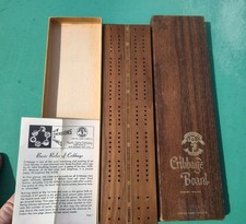 Vintage Walnut Wood Pleasantime Cribbage Board In Original Box 4 Pegs Rules