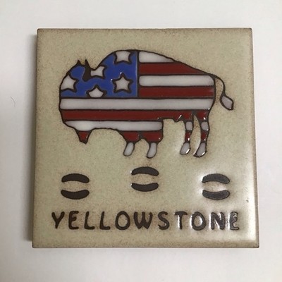 Yellowstone Montana Bison American Flag US Ceramic Tile Art Coaster 4x4  Vintage