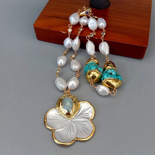 2 Rows Cultured White Baroque Pearl Cz Chain Beaded Bracelet Shell Flower Charm - Picture 4 of 6