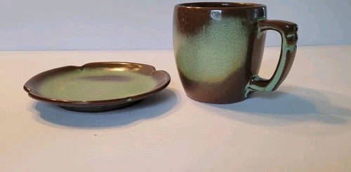 Vintage Frankoma Plainsman Brown Green Stoneware 5CL 12oz Cup + Saucer