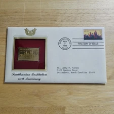 Smithsonian Institution 150th Anniversary 22kt Gold Replica Stamp 1st Day w/card