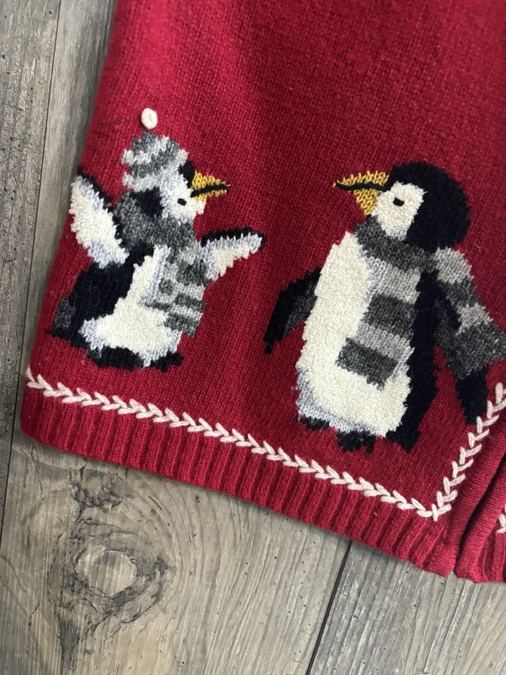 Y2K Rojo Pingüino Corderos Lana Vacaciones Cremallera Frontal Suéter Chaleco Mujer’s M Foto 3 de 4